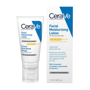 CeraVe AM Facial Moisturising Lotion SPF50 with Ceramides & Vitamin E for Normal to Dry Skin and packaging