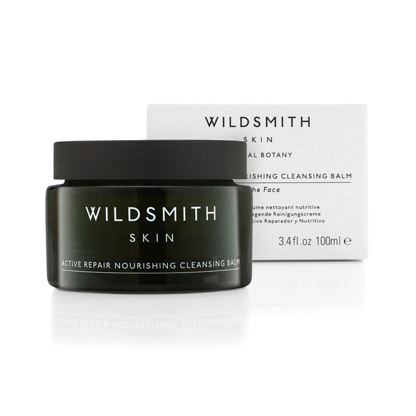 Dark green Wildsmith Skin Active Repair Nourishing Cleansing Balm 100ml tub next to white box