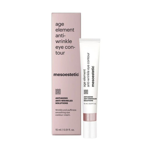 A tube of mesoestetic Age Element Anti-wrinkle Eye Contour and its packaging in a pink box