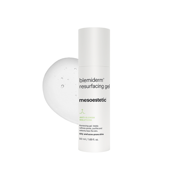 A container of mesoestetic Blemiderm Resurfacing Gel with its contents poured behind it
