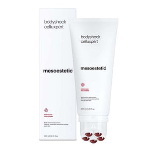 A container of mesoestetic Bodyshock Celluxpert with its box packaging behind it