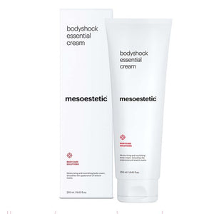 A container of mesoestetic Bodyshock Essential Cream with its box packaging