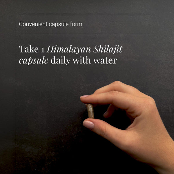 A hand holds a small cylindrical capsule against a dark textured background, with white text reading 'Convenient capsule form' and 'Take 1 Himalayan Shilajit capsule daily with water'.