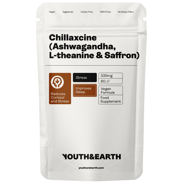 Supplement package labeled 'Chillaxcine' by Youth&Earth on a white background