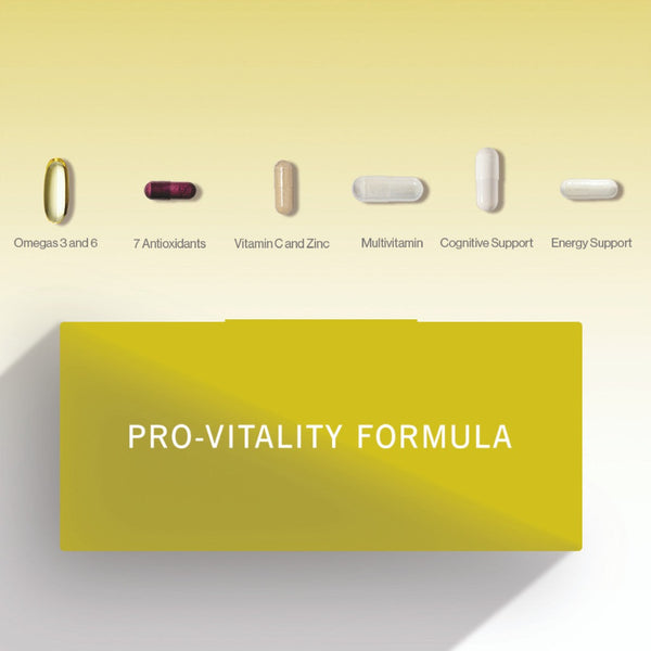 Pro-Vitality Formula of capsules that are Omega 3 and 6, 7 antioxidants, vitamin C and Zinc, Multivitamin, cognitive Support and Energy support