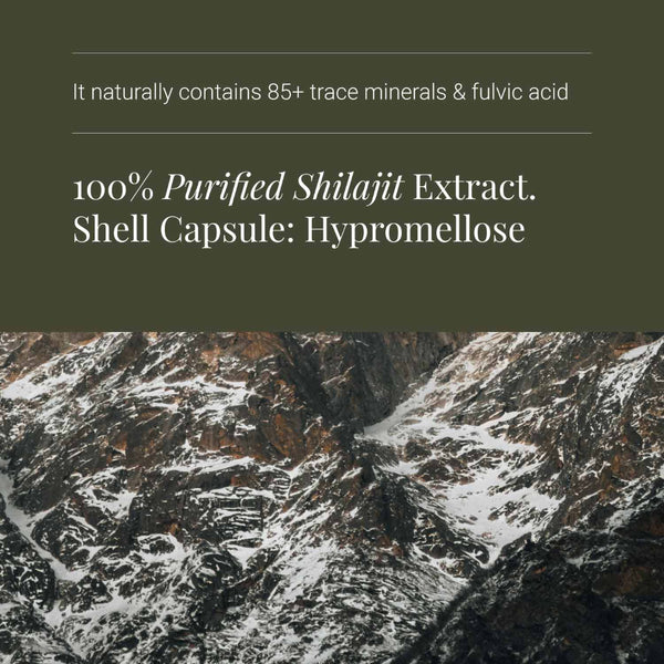 Text overlay on a dark olive green background above a mountain landscape photo. The text reads: 'It naturally contains 85+ trace minerals & fulvic acid' and '100% Purified Shilajit Extract.