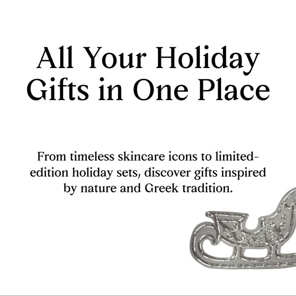 Promotional graphic with the text 'All Your Holiday Gifts in One Place' and a partial silver sleigh ornament on a white background.