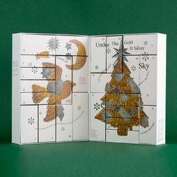 An open advent calendar box with illustrated gold and silver celestial and tree designs on white panels, photographed against a solid green background.