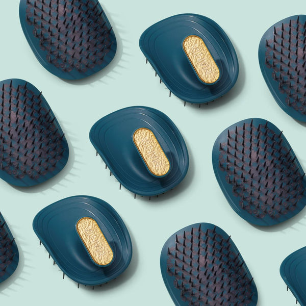 Two dark teal pet hairbrushes arranged on a pale mint background, one showing the bristle side and the other showing the smooth underside with a textured gold oval accent.