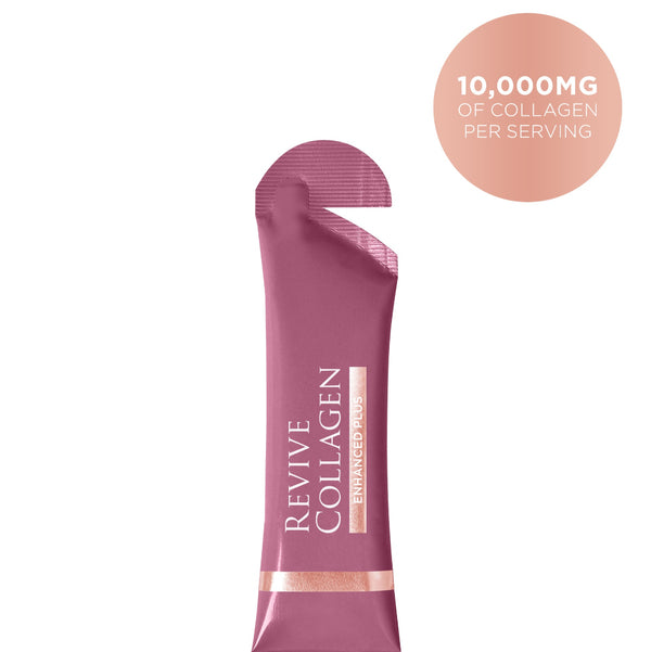 Pink collagen supplement package with 'Revive Collagen' branding on a white background