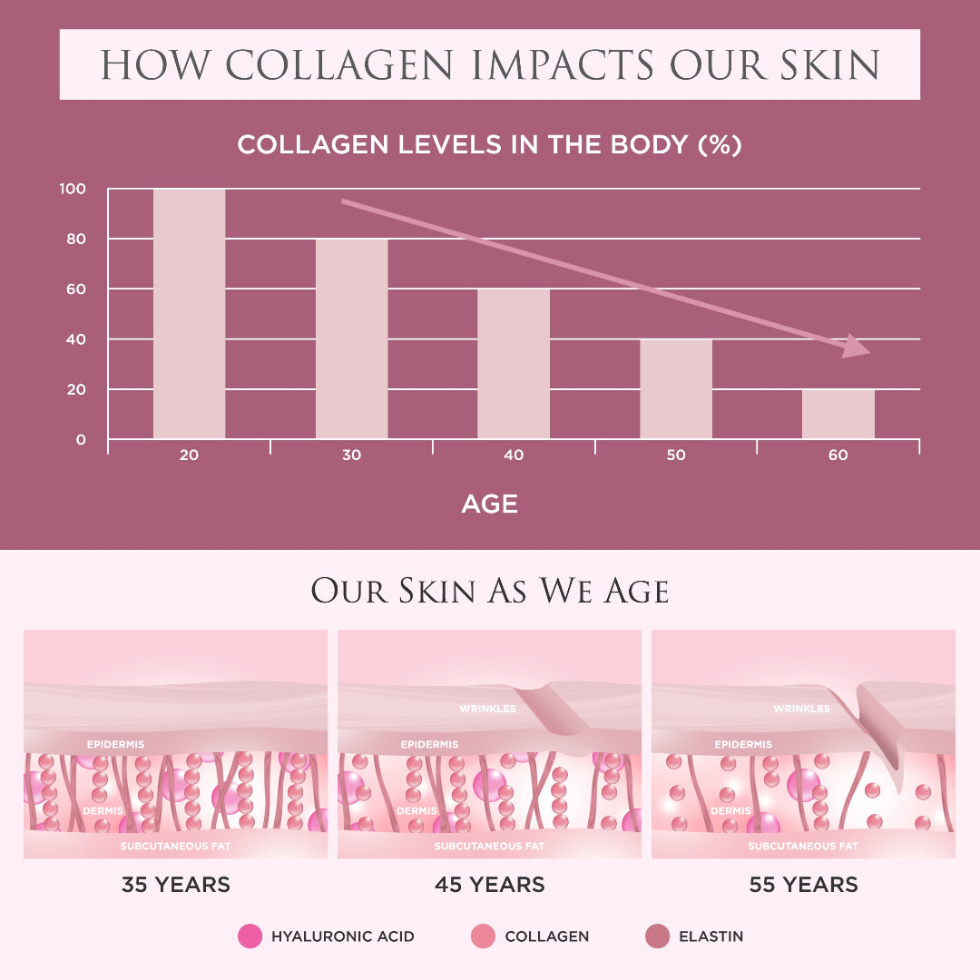 Chart showing collagen levels in the body by age and illustrations of skin aging stages.