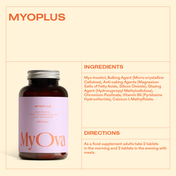 A bottle of MyOva Myoplus dietary supplement on a light beige background with orange text detailing ingredients and directions.