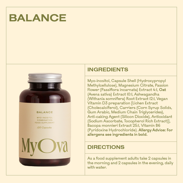 MyOva Balance supplement bottle with ingredients list on a beige background