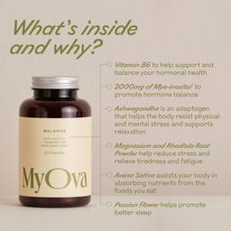 MyOva supplement bottle with detailed ingredients and benefits on a beige background