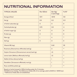 A digital graphic displaying a nutritional information label for a herbal tea blend. The label features a light beige background with dark brown text and headers, detailing typical values per 100ml, 8g, and 2 servings, along with specific ingredients like rosemary, ceylon cinnamon, lemon balm, nettle, and dandelion.