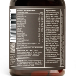 Back view of a dark amber brown supplement bottle with a ribbed silver cap, showing the detailed black nutrition facts label on a white background.