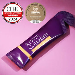 Purple collagen supplement package with CEW UK and GBWA awards on a pink background