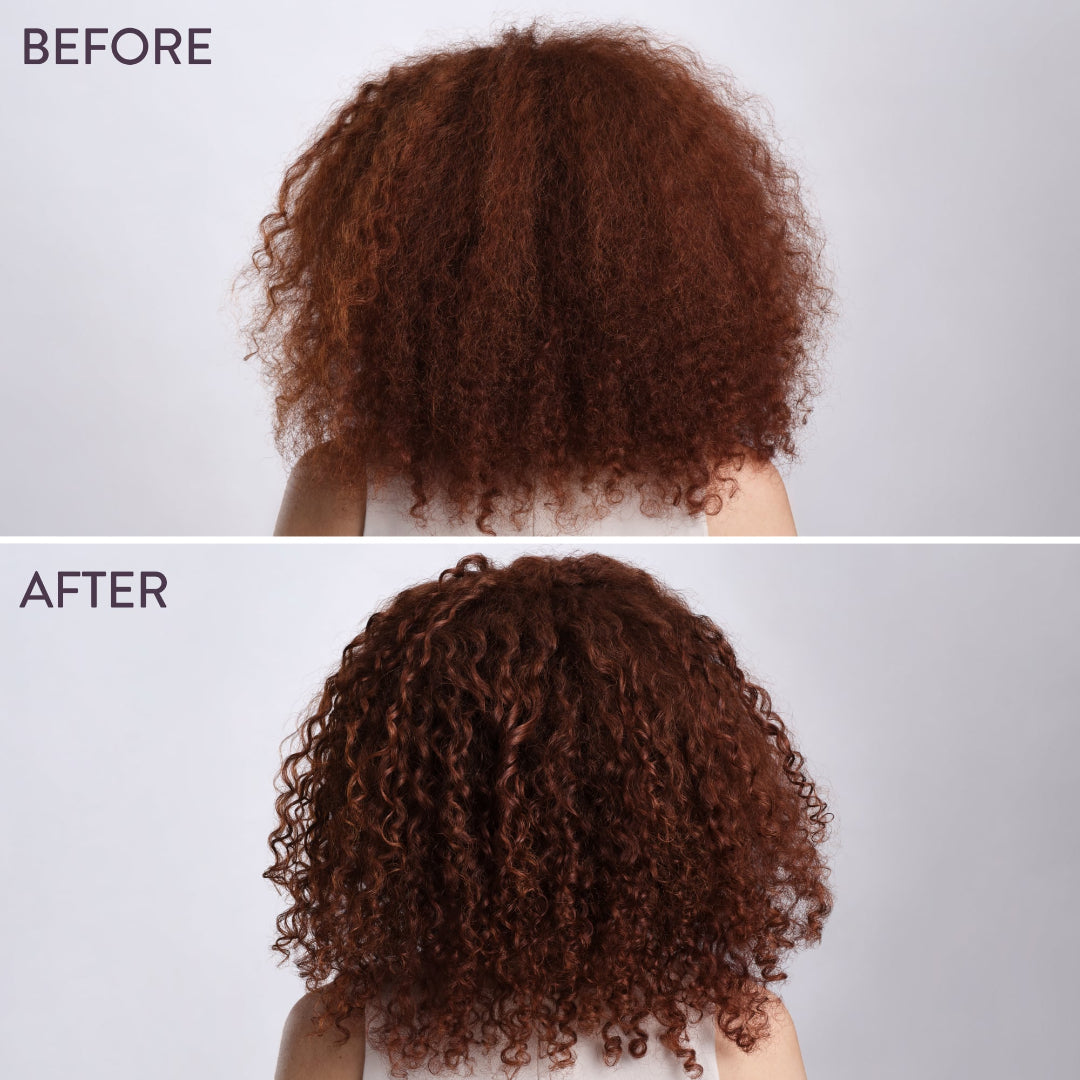 Before and after comparison of curly hair volume and definition, showing a person from the back with frizzy, straightened, and voluminous brown hair against a light gray background.