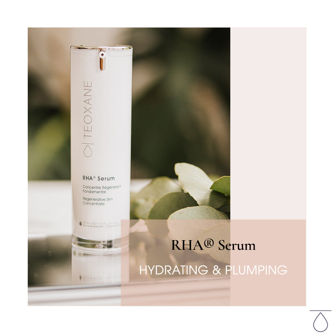 a bottle of Teoxane (Teosyal) RHA Serum on mirror and plants