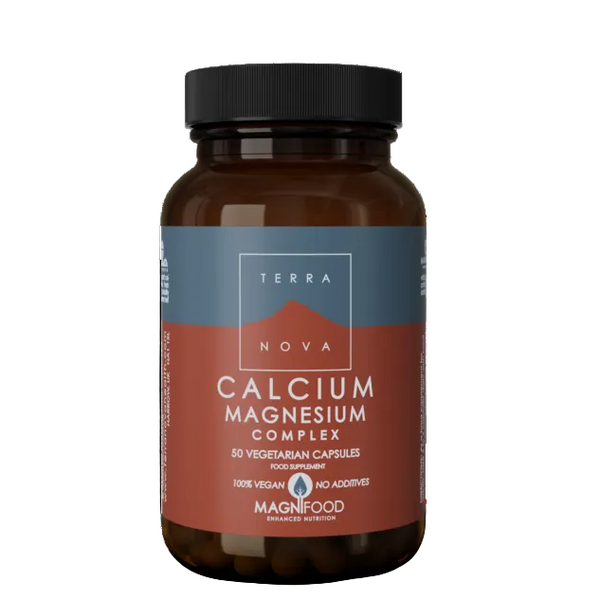 Bottle of Terra Nova Calcium Magnesium Complex supplement on a white background