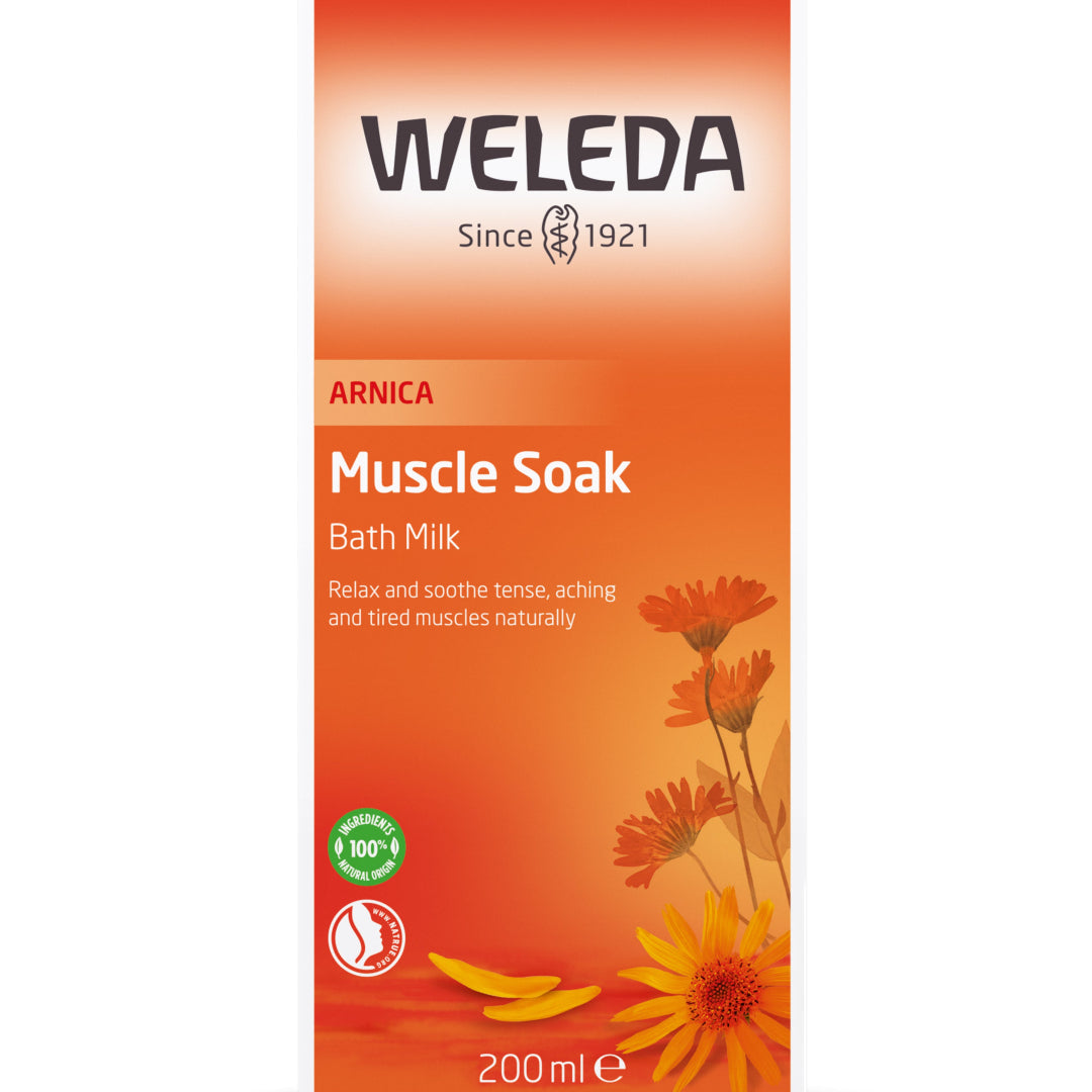 Weleda Arnica Muscle Soak Bath Milk packaging on a white background