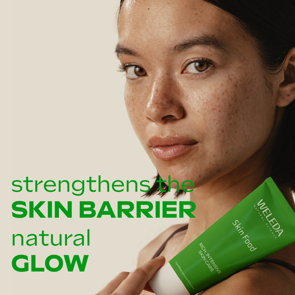 Woman holding a Weleda product with text about skin barrier strengthening and natural glow on a beige background