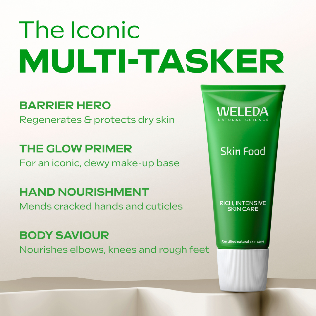 Weleda Skin Food tube with product benefits listed on a beige background