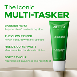 Weleda Skin Food tube with product benefits listed on a beige background