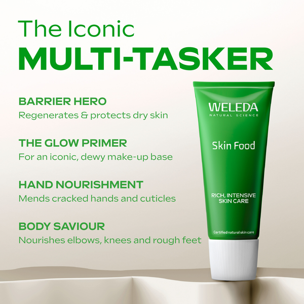 Weleda Skin Food tube with product benefits listed on a beige background