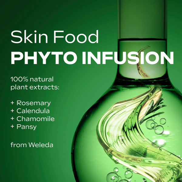 Green bottle of Skin Food PHYTO INFUSION with plant extracts on a green background