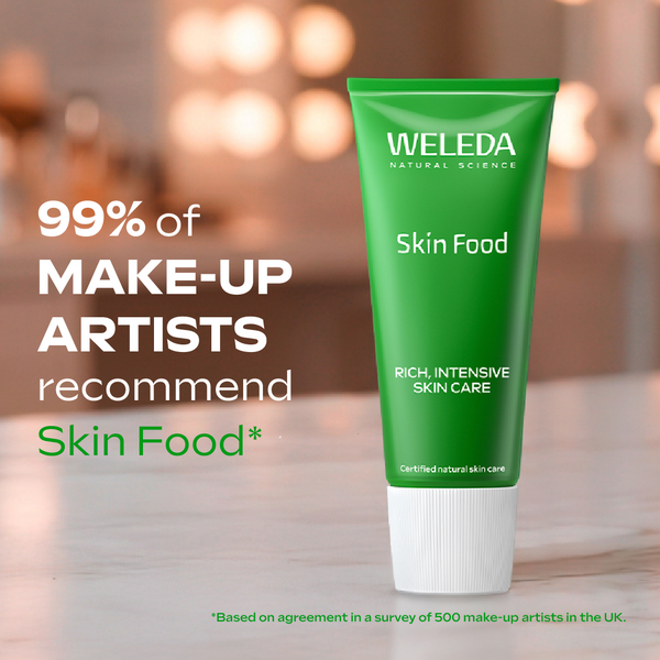 Green Weleda Skin Food tube with text about makeup artists' recommendations on a blurred background