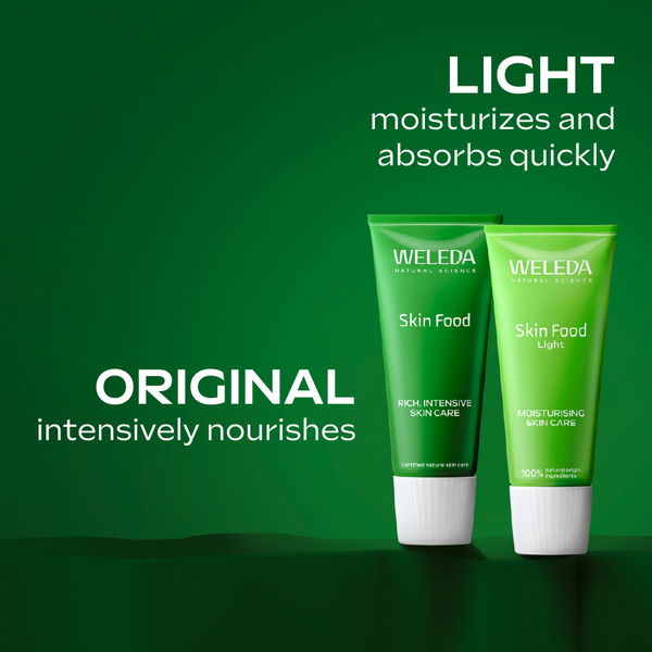 Two Weleda Skin Food products on a green background with text about moisturizing and nourishing.