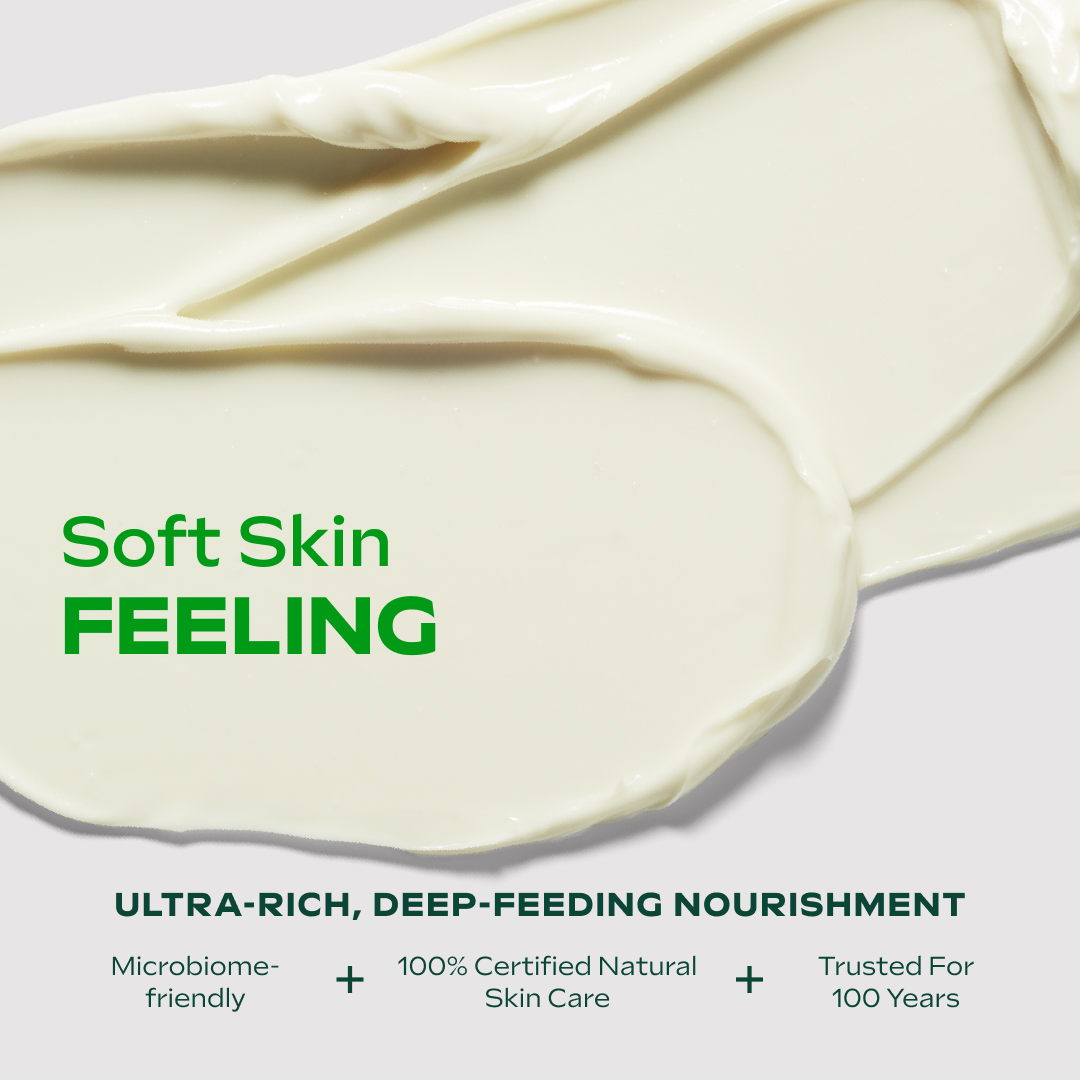 Close-up of a smooth cream application with text highlighting 'Soft Skin Feeling' and product benefits.