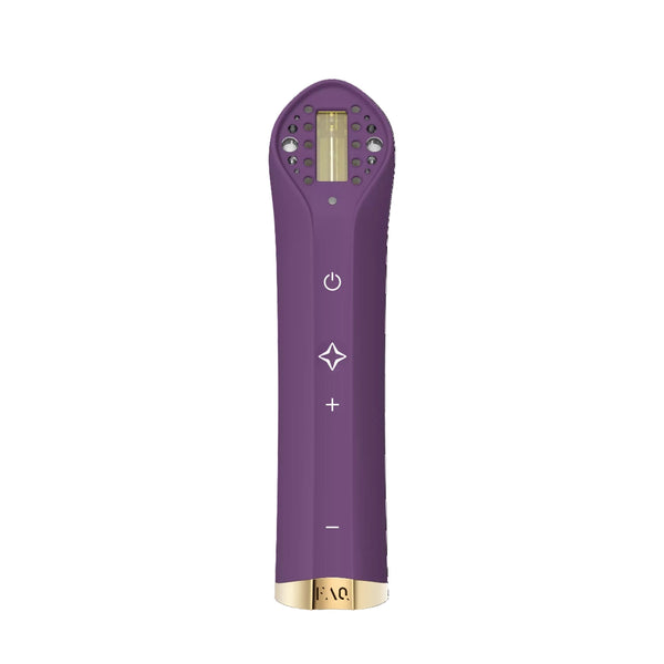 A purple handheld beauty device with gold accents and white control icons, shown vertically on a plain white background.