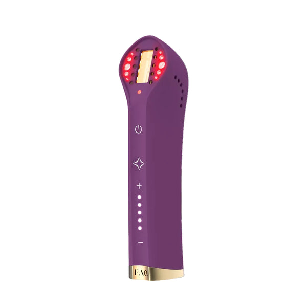 A purple handheld LED light therapy device with gold accents and glowing red LEDs, shown on a solid white background.