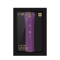 FAQ 501 facial skin revitalizer device in purple and gold, presented inside its black retail packaging box.