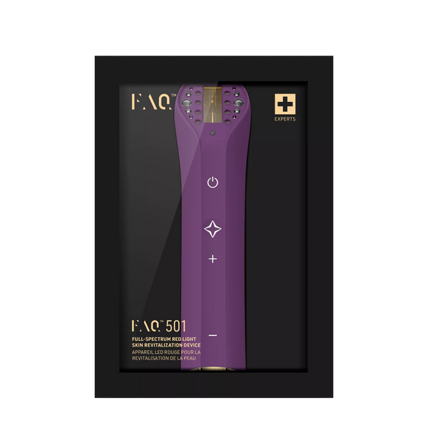 FAQ 501 facial skin revitalizer device in purple and gold, presented inside its black retail packaging box.