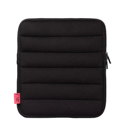 A black padded neoprene sleeve with horizontal quilting, a zippered closure, and a small pink tag on the lower left, shown against a plain white background.