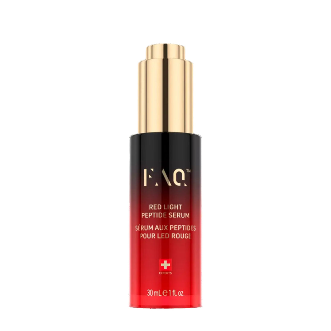 HAQI Red Light Peptide Serum in a black and red gradient bottle with a gold cap, centered on a plain white background.
