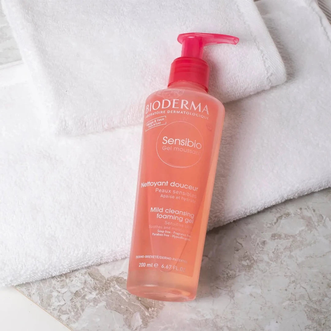 Bioderma Sensibio Soothing Micellar Face Wash Sensitive Skin on top of towels
