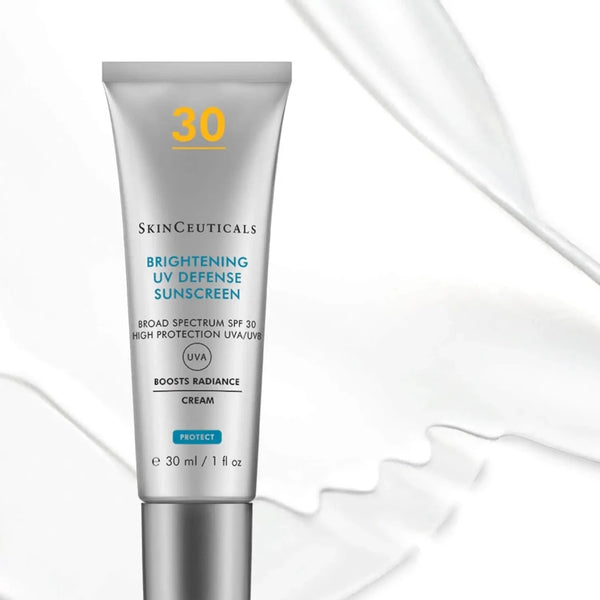 SkinCeuticals Brightening UV Defense SPF 30 tube in front of texture