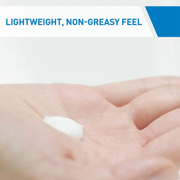 Model holding CeraVe Moisturising Lotion in their hand. Text: lightweight, non greasy feel