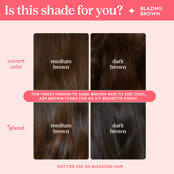 Hair color chart comparing medium brown and dark brown shades on a pink background.