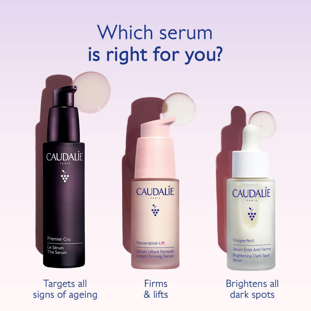 Three Caudalie Paris serums displayed side by side on a pale lavender background with the headline 'Which serum is right for you?'. The products are labeled as Premier Cru for targets of all signs of ageing, Reverant-Lift for firms and lifts, and Vipoceffect for brightening dark spots, each with a droplet graphic above and a shadow below.