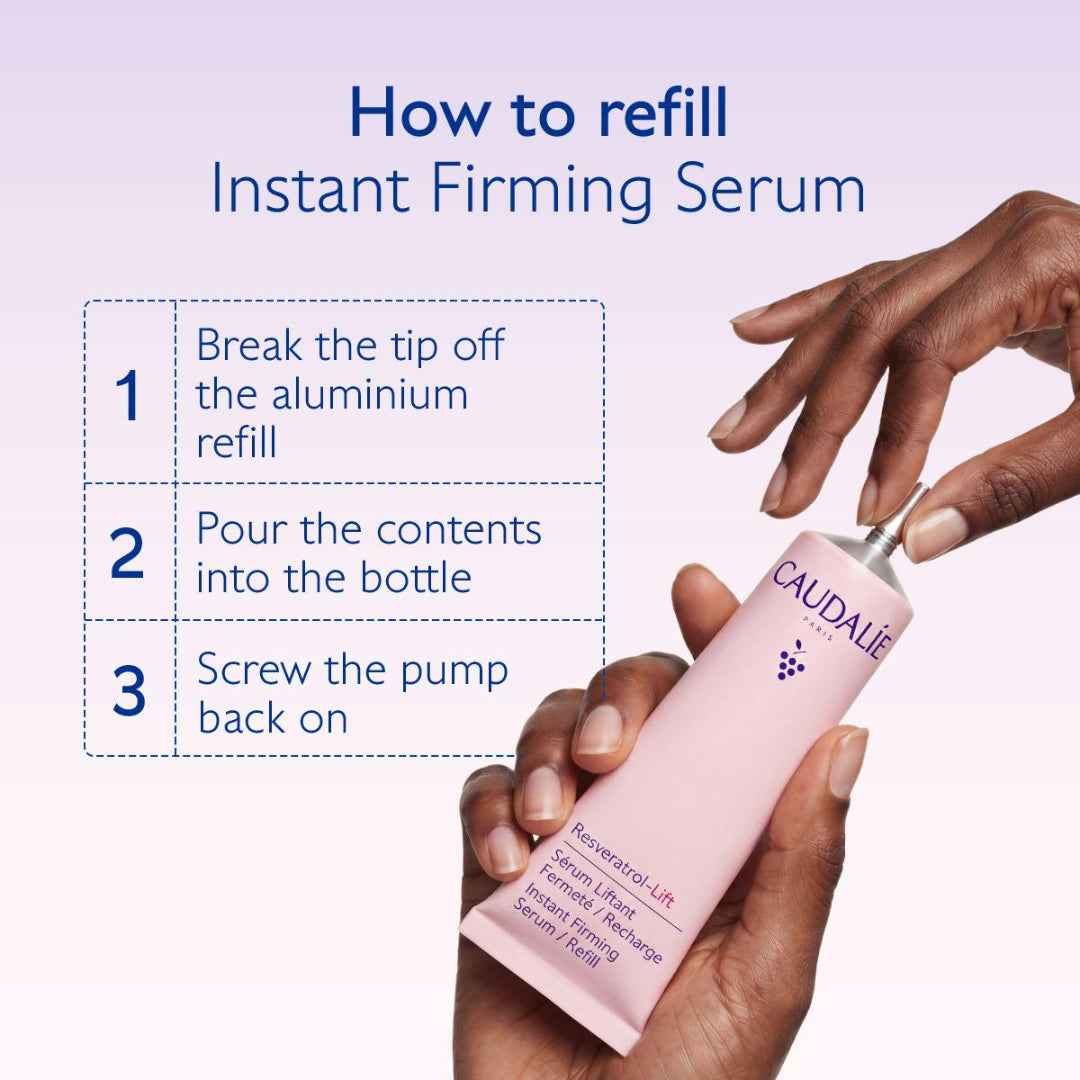 Instructional graphic showing how to refill an instant firming serum. The left side has a numbered list from 1 to 3 in blue dashed boxes, and the right side shows two hands holding a pink tube of CAUDALIE Reviveris-Lift Serum Lifting Facial Tissue Filling refill next to the original bottle.