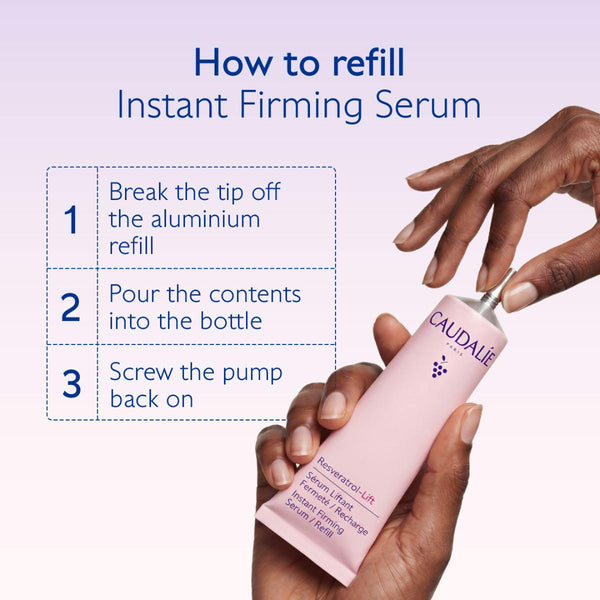 Instructional graphic showing how to refill an instant firming serum. The left side has a numbered list from 1 to 3 in blue dashed boxes, and the right side shows two hands holding a pink tube of CAUDALIE Reviveris-Lift Serum Lifting Facial Tissue Filling refill next to the original bottle.