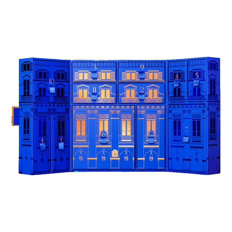 A blue architectural building facade display with multiple numbered door-like sections and small hanging blue bags, shown on a plain white background.