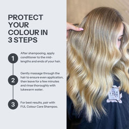 Promotional graphic for a hair color protection product, showing a woman with highlighted blonde hair on the right and text on the left explaining how to protect hair color in 3 steps.
