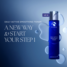 A blue bottle of Innovative Skin Clinical Daily Active Smoothing Toner with a silver pump, set against a blue gradient background with floating liquid droplets and promotional text.