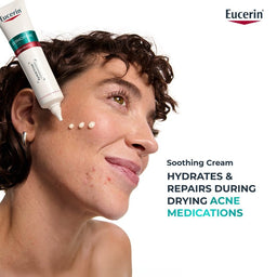 Eucerin soothing cream being applied to a person's face with product packaging visible.